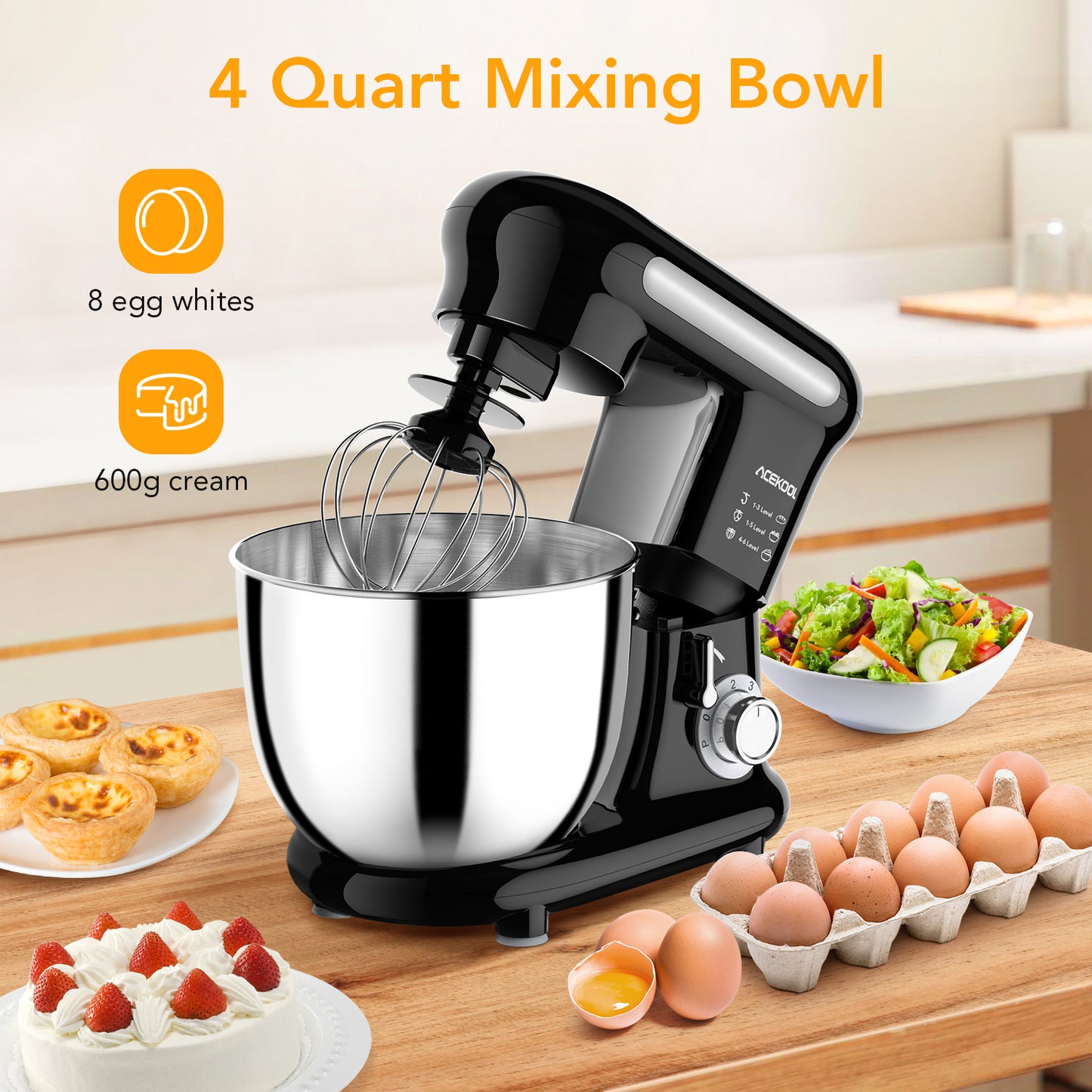 Acekool Mixer MC3 - 4 Quart 6 Speeds Tilt-Head Stand Mixer